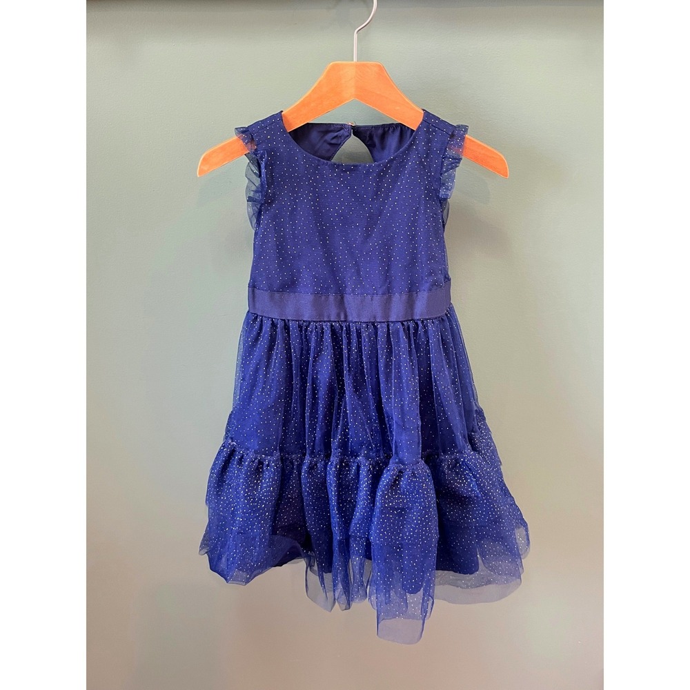 Janie and Jack Girls Navy Blue Tulle Gold Foil Dot Tiered Dress Cutout Back Sz 4